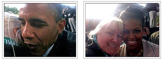 Barack and Michelle Obama thanking genealogist Megan Smolenyak for researching their roots