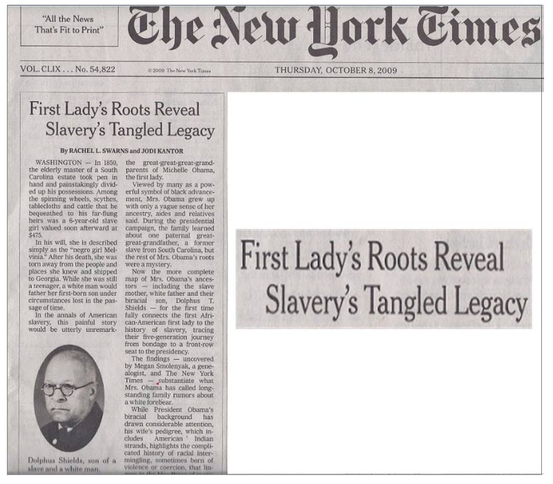 New York Times - First Lady's Roots Reveal Slavery's Tangle Legacy